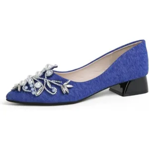 💫 Mengyanyingyi Diamond Low Heel Women Blue Rhinestone Fashion Pointed Toe Pump