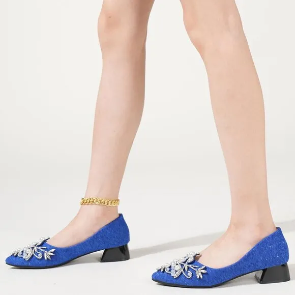 💫 Mengyanyingyi Diamond Low Heel Women Blue Rhinestone Fashion Pointed Toe Pump