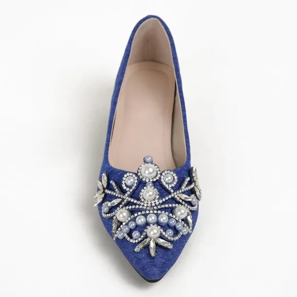 💫 Mengyanyingyi Diamond Low Heel Women Blue Rhinestone Fashion Pointed Toe Pump