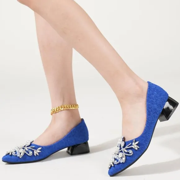 💫 Mengyanyingyi Diamond Low Heel Women Blue Rhinestone Fashion Pointed Toe Pump