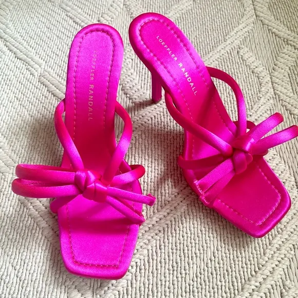 🩷 New Loeffler Randall Margi Sandals in Hot Pink Satin Bow Penny Mules