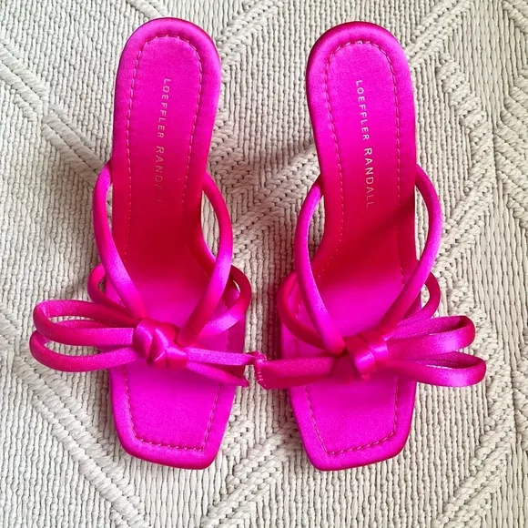 🩷 New Loeffler Randall Margi Sandals in Hot Pink Satin Bow Penny Mules