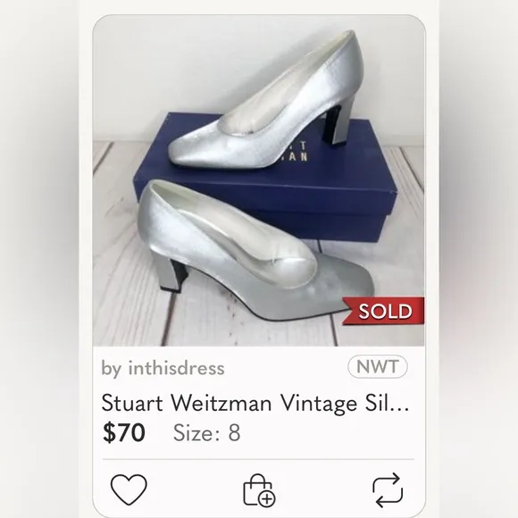 🌞 Vintage Stuart Weitzman dress square closed toe block heel silver women 6.5
