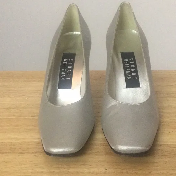 🌞 Vintage Stuart Weitzman dress square closed toe block heel silver women 6.5