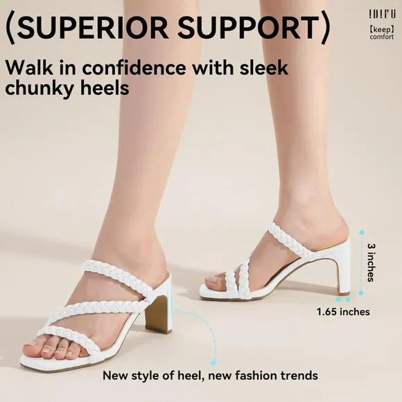 💫 Women White Trendy Strappy Heels Chunky Low SquareToe Prom Comfortable Sandal