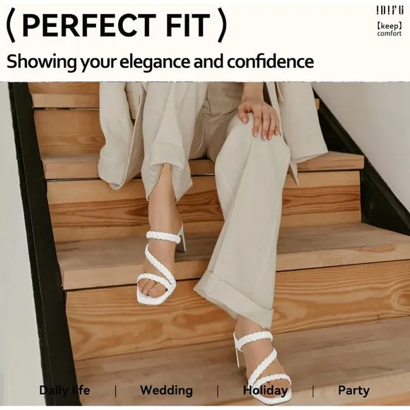 💫 Women White Trendy Strappy Heels Chunky Low SquareToe Prom Comfortable Sandal