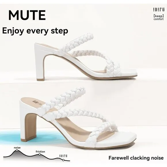 💫 Women White Trendy Strappy Heels Chunky Low SquareToe Prom Comfortable Sandal