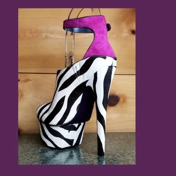 - Zebra pony real fur mohair 6.75&quot; High Heel Platform Shoes