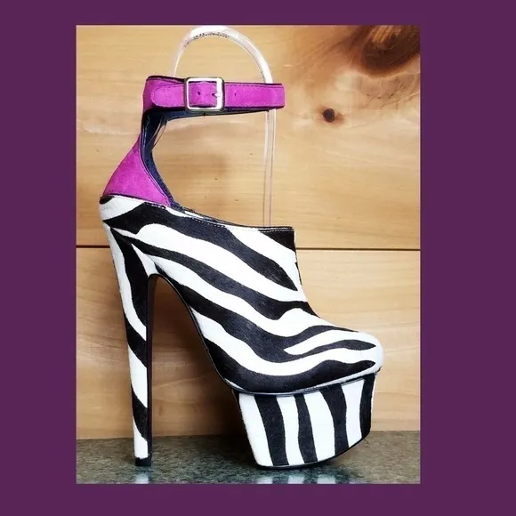 - Zebra pony real fur mohair 6.75&quot; High Heel Platform Shoes