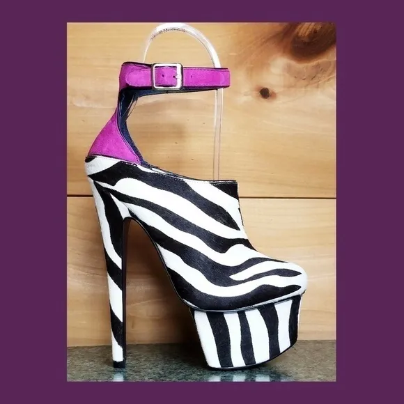 - Zebra pony real fur mohair 6.75&quot; High Heel Platform Shoes
