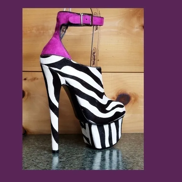 - Zebra pony real fur mohair 6.75&quot; High Heel Platform Shoes