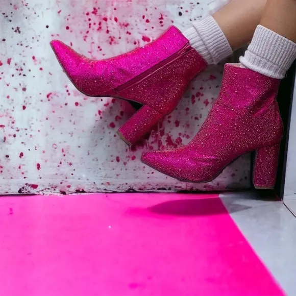 1 Left! Festival Ready New Pink Rhinestone Embellished Boots Booties