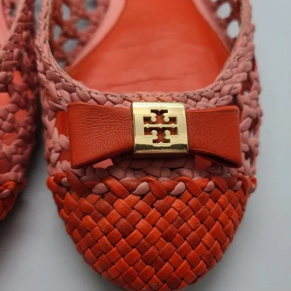 $275 Tory Burch Pink/orange Woven Carlyle Ballerina Flats Shoes, Sz 6,5