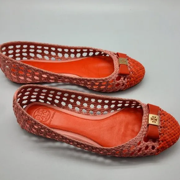 $275 Tory Burch Pink/orange Woven Carlyle Ballerina Flats Shoes, Sz 6,5