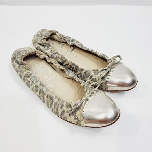 $300 AGL leopard shimmer leather bow cap toe ballerina  Flats siz…