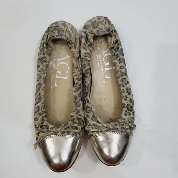 $300 AGL leopard shimmer leather bow cap toe ballerina  Flats siz…