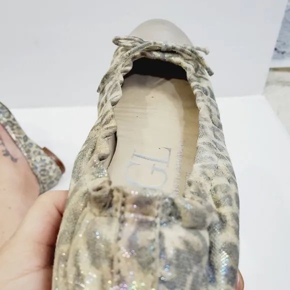 $300 AGL leopard shimmer leather bow cap toe ballerina  Flats siz…
