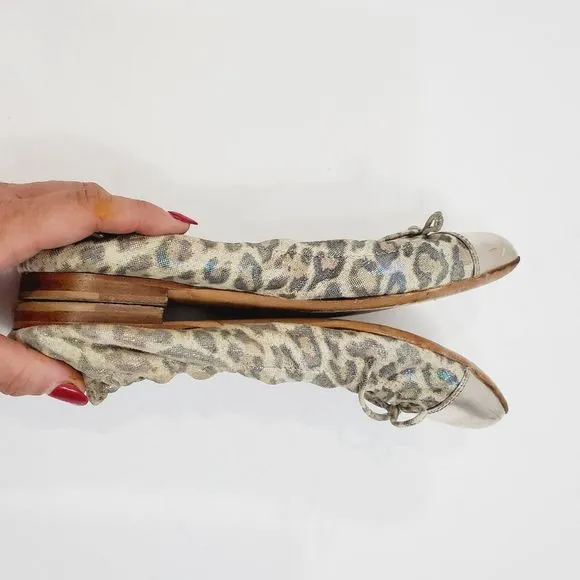 $300 AGL leopard shimmer leather bow cap toe ballerina  Flats siz…