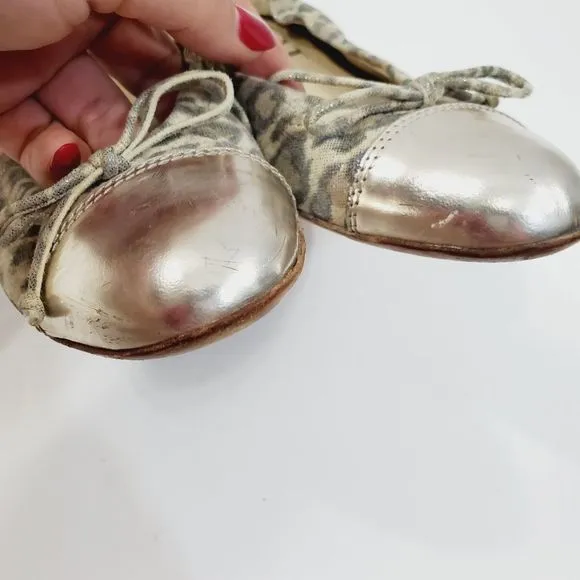 $300 AGL leopard shimmer leather bow cap toe ballerina  Flats siz…