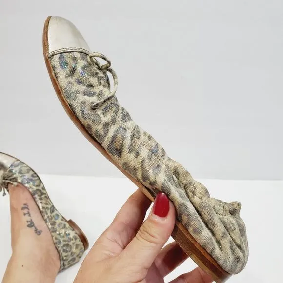$300 AGL leopard shimmer leather bow cap toe ballerina  Flats siz…