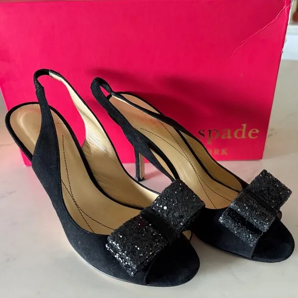$350 KATE SPADE Chase Black Suede Slingback Heels Glitter Bow Peep Toe 6.5B EUC