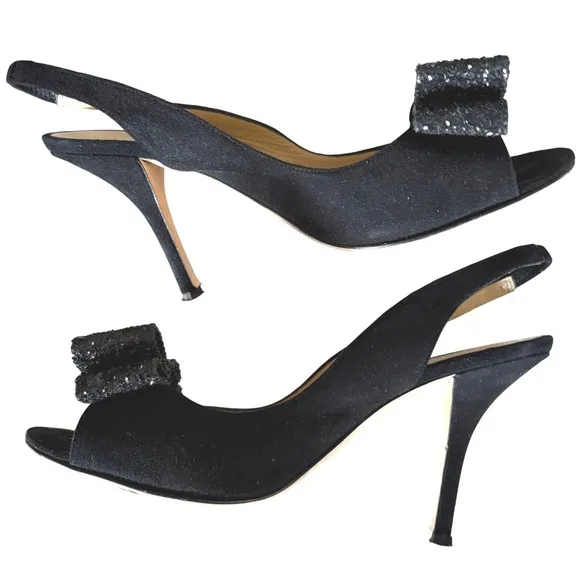 $350 KATE SPADE Chase Black Suede Slingback Heels Glitter Bow Peep Toe 6.5B EUC