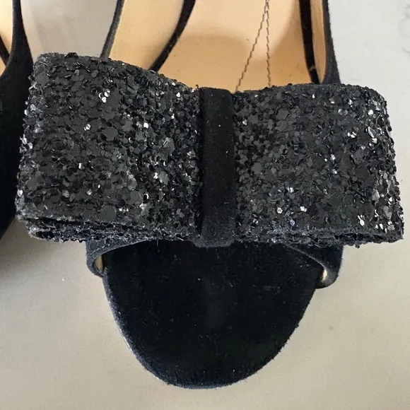 $350 KATE SPADE Chase Black Suede Slingback Heels Glitter Bow Peep Toe 6.5B EUC