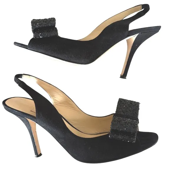 $350 KATE SPADE Chase Black Suede Slingback Heels Glitter Bow Peep Toe 6.5B EUC
