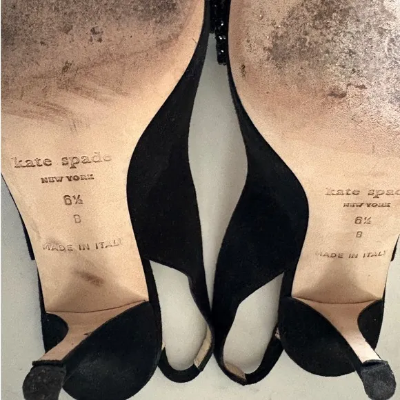 $350 KATE SPADE Chase Black Suede Slingback Heels Glitter Bow Peep Toe 6.5B EUC