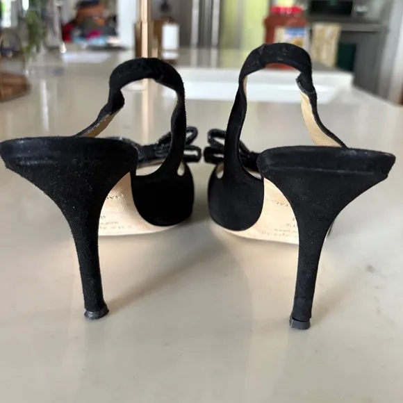 $350 KATE SPADE Chase Black Suede Slingback Heels Glitter Bow Peep Toe 6.5B EUC