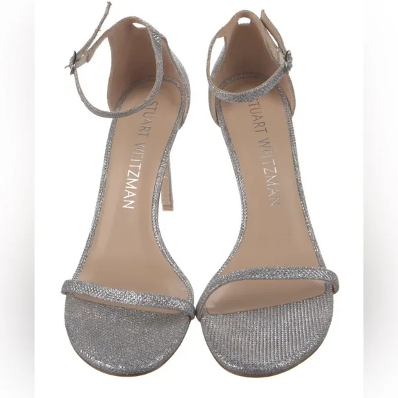 $495 Stuart Weitzman Platino Silver Nudistcurve Ankle Sandal heels shoes sandals