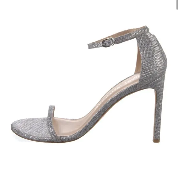 $495 Stuart Weitzman Platino Silver Nudistcurve Ankle Sandal heels shoes sandals