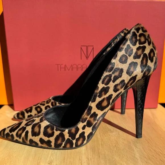 $625 NEW Tamara Mellon ADDICTION 105 Black Brown LEOPARD PONY Pump Shoes size 38