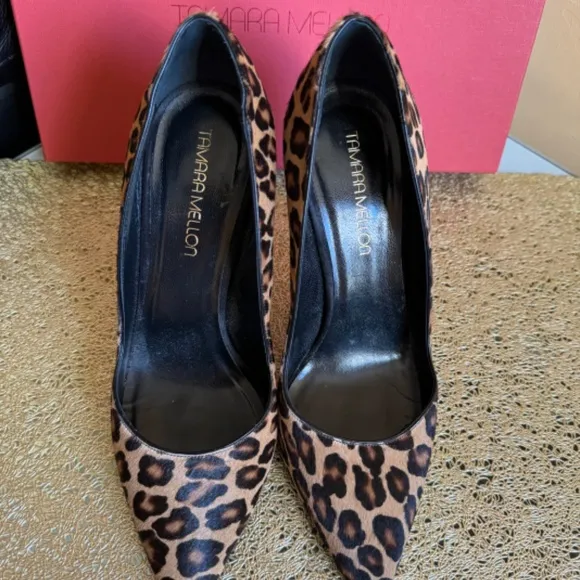 $625 NEW Tamara Mellon ADDICTION 105 Black Brown LEOPARD PONY Pump Shoes size 38