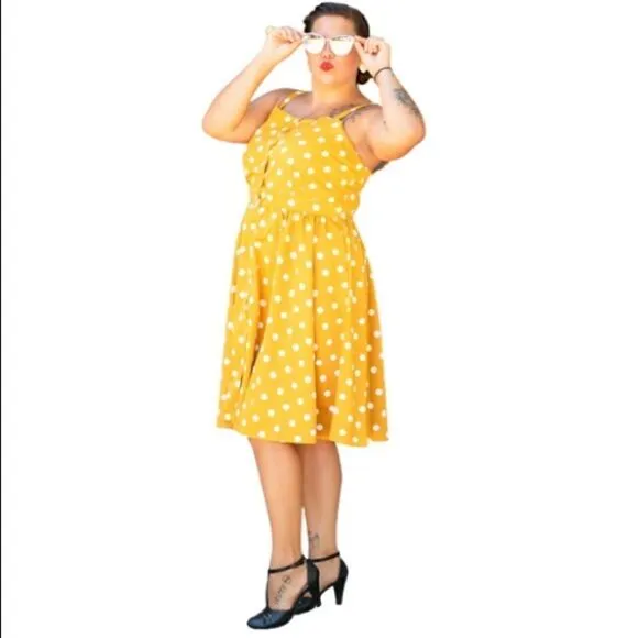 87. mustard yellow polkadot button down dress WITH POCKETS