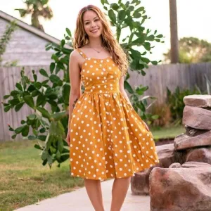 87. mustard yellow polkadot button down dress WITH POCKETS