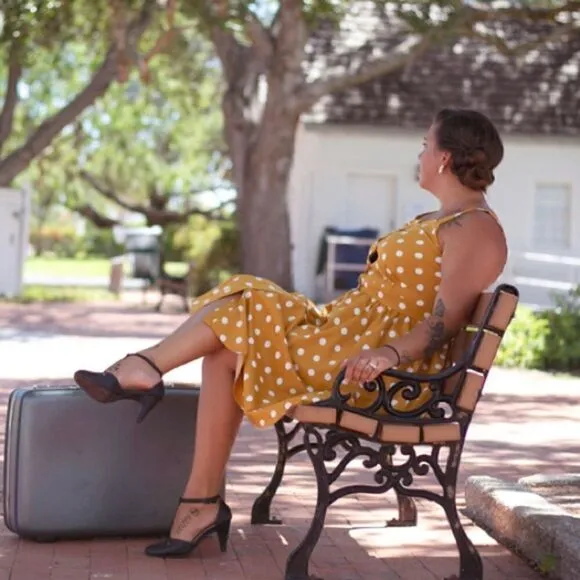 87. mustard yellow polkadot button down dress WITH POCKETS