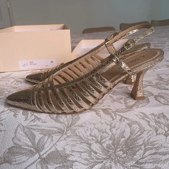 A. Soliani Prato Gold Snake Slingback Kitten Heels 42  Size 10 US Made in Italy