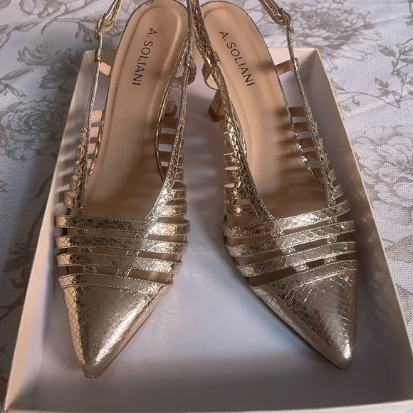 A. Soliani Prato Gold Snake Slingback Kitten Heels 42  Size 10 US Made in Italy