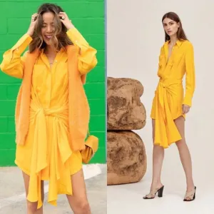 Acler | Bollard Yellow Tie Waist Silk Blend Mini Shirt Dress 2