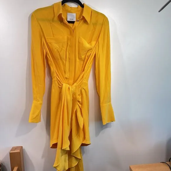 Acler | Bollard Yellow Tie Waist Silk Blend Mini Shirt Dress 2