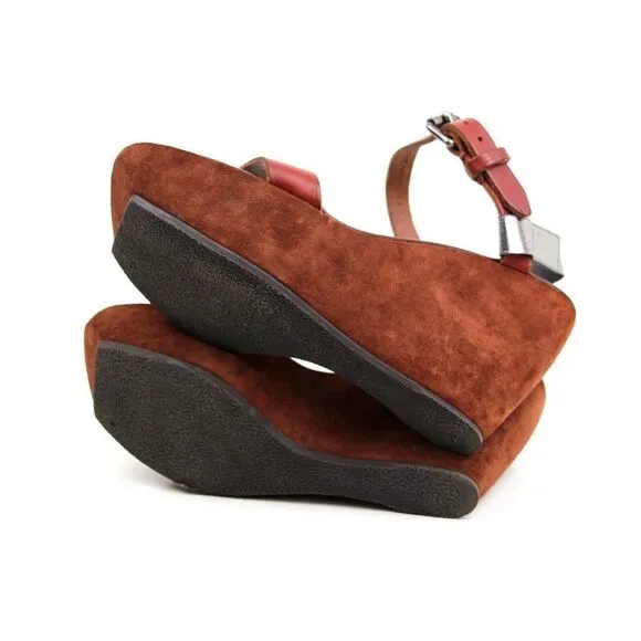 Acne Italy BROWN SUEDE SILVER LEATHER OPEN TOE HIGH HEEL WEDGE SHOES Sz 40 9.5