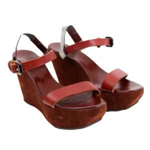 Acne Italy BROWN SUEDE SILVER LEATHER OPEN TOE HIGH HEEL WEDGE SHOES Sz 40 9.5