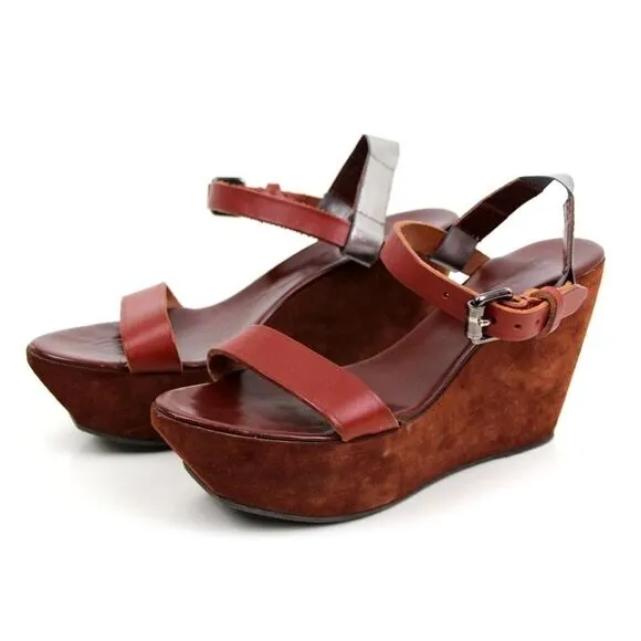 Acne Italy BROWN SUEDE SILVER LEATHER OPEN TOE HIGH HEEL WEDGE SHOES Sz 40 9.5