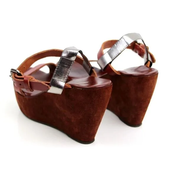 Acne Italy BROWN SUEDE SILVER LEATHER OPEN TOE HIGH HEEL WEDGE SHOES Sz 40 9.5
