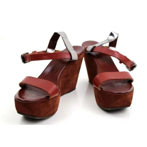 Acne Italy BROWN SUEDE SILVER LEATHER OPEN TOE HIGH HEEL WEDGE SHOES Sz 40 9.5