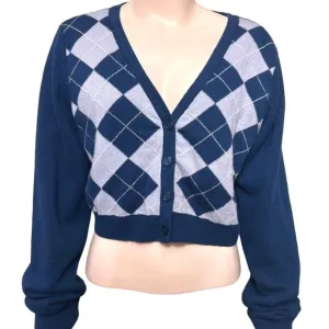 Aeropostale Light Blue Navy Blue Argyle Style Crop Top Cardigan Sweater Size XLG