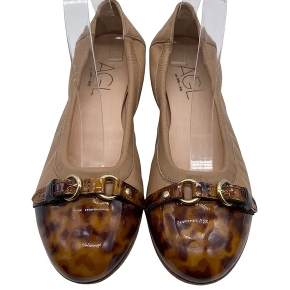 AGL Womens Shoes Monika Cap Toe Ballet Flats 7.5 Brown Tortoise Leather Designer