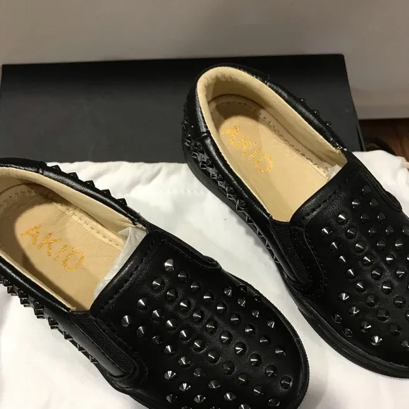 AKID Shoes Kid 8C Black Slip On Loafer Silver Studded Rockstar Wedding School