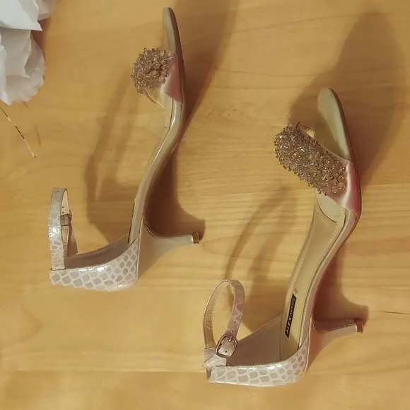 Alex Marie Champagne Beaded Animal Print Leather Ankle Strap Heels Size 6.5
